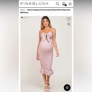 Pinkblush Mauve Gingham Print Smocked Fitted Self-Tie Maternity Midi Dress